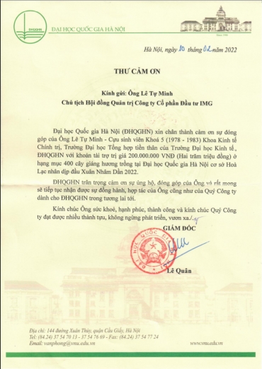 IMG JSC sponsors VND 200 million for Vietnam National University Ha Noi